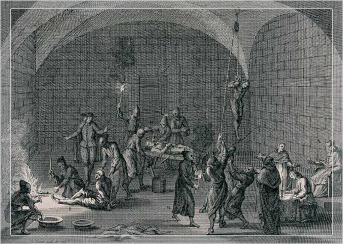 Вымышленное изображение предполагаемой инквизиционной камеры пыток во времена испанской инквизиции. Гравюры 18-го века Бернара Пикара были частью той тёмной легенды, которую усиленно создавали об испанской инквизиции. 