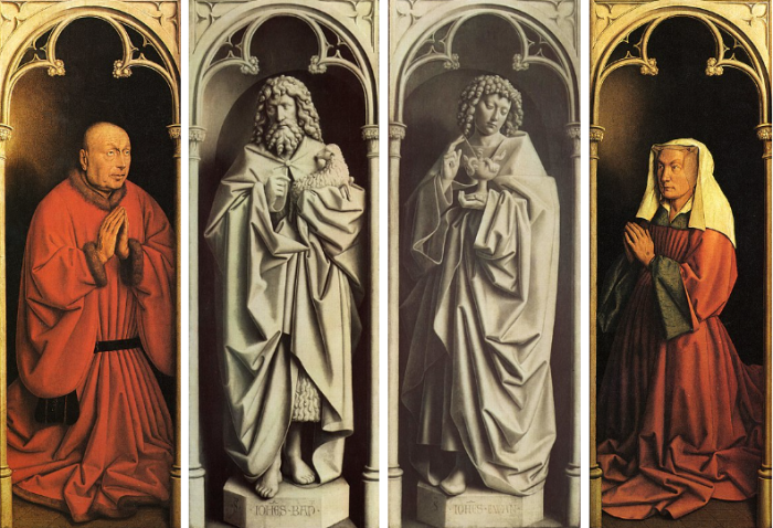 Слева направо: Донатор (заказчик алтаря), Иоанн Креститель, Иоанн Богослов, Жена донатора. Фото: wikipedia.org.