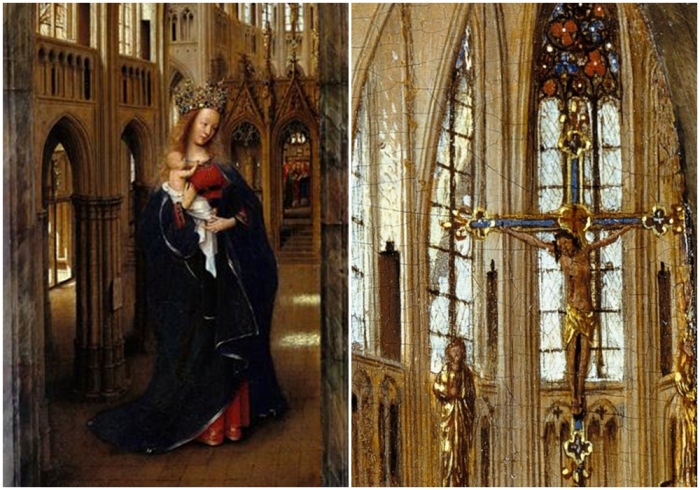 Слева направо:<br/>Мадонна в церкви, Ян ван Эйк. Витраж на дальнем плане картины.” title=”Слева направо:<br/>Мадонна в церкви, Ян ван Эйк. Витраж на дальнем плане картины.” border=0 vspace=5></div><p></p><div class=