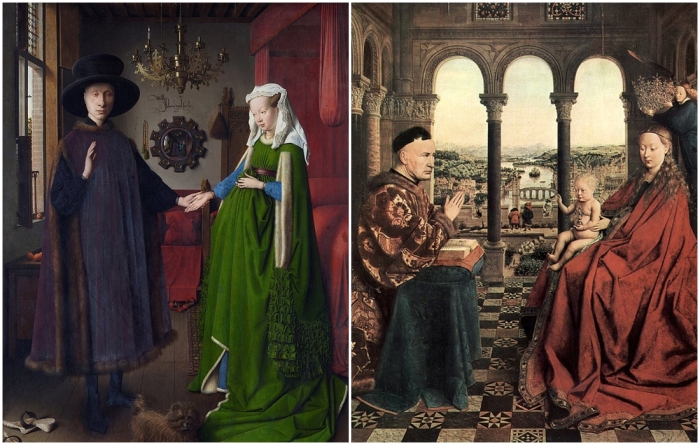 Слева направо: Портрет четы Арнольфини, Ян ван Эйк, 1434 год, Национальная галерея. Мадонна канцлера Ролена, Ян ван Эйк, 1435 год, Лувр, Париж.