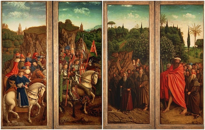 Слева направо: Праведные Судьи и Воинство Христово. Шествие отшельников и пилигримов.