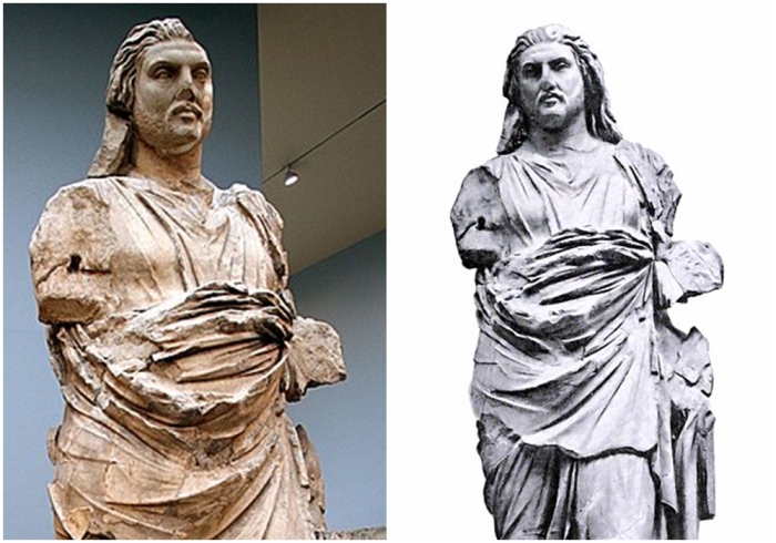 Слева направо: Современная фотография. Фотография начала ХХ века (статуя правителя Гекатомнидов из Галикарнасского мавзолея, традиционно идентифицируемого как Мавсол (Британский музей).