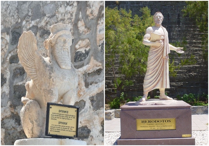 Слева направо: Персидский сфинкс из Галикарнаса, 355 год до нашей эры. Геродот удостоен статуи в своём доме в Галикарнасе (современный Бодрум).