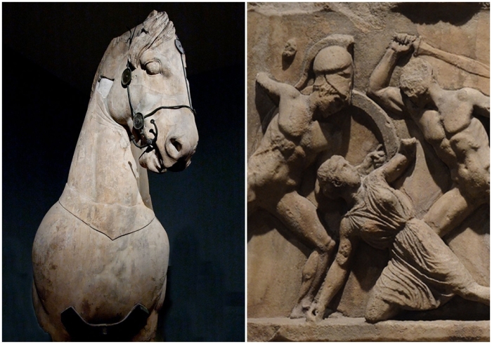 Слева направо: Фрагмент лошади из колоссальной квадриги мавзолея в Галикарнасе, около 350 года до нашей эры. Деталь фриза с изображением амазонок из Галикарнасского мавзолея, изображающая конфликт между греками и амазонками.