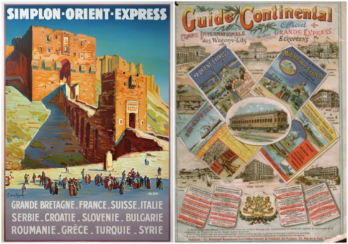 Слева направо: Рекламный плакат Simplon-Orient-Express работы Жозефа де Незьера. Гид 1901 года.