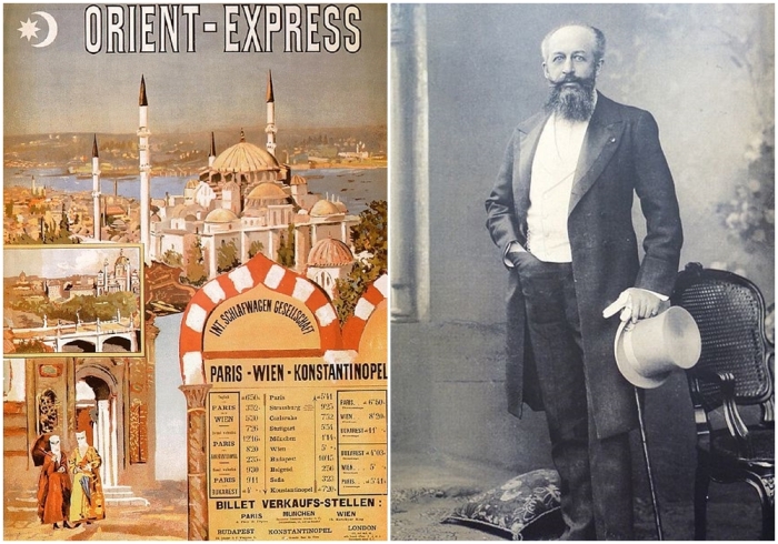 Слева направо: Рекламный плакат Восточного экспресса 1891 года. Жорж Нагельмакерс.