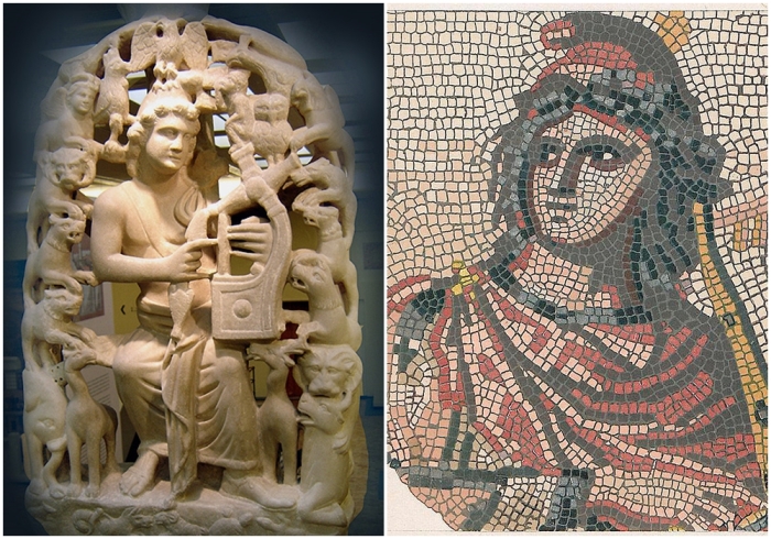 Слева направо: Орфей с лирой в окружении зверей (Византийский и христианский музей, Афины). Мозаика Орфея в Доминиканском музее, второй век н.э.