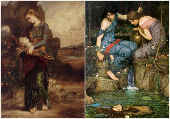 Слева направо: Фракийская девушка, несущая голову Орфея, Гюстав Моро, 1865 год. Нимфы, нашедшие голову Орфея, Джон Уильям Уотерхаус, 1900 год.