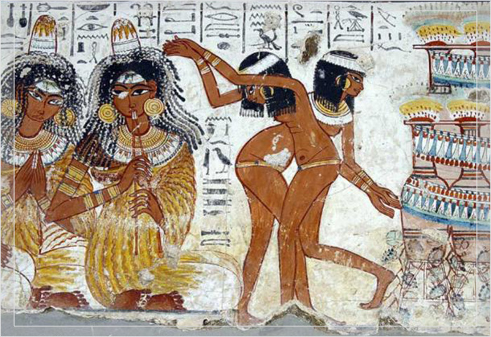 Историческое празднество с музыкантами и танцовщицами на фреске из гробницы Небамуна.