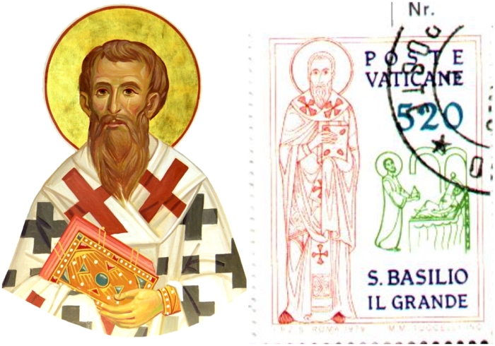 Слева направо: Представление художника о Василии Великом. Почтовая марка Ватикана, посвящённая Василию Великому.