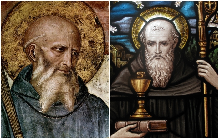 Слева направо: Витраж с изображением святого Бенедикта. Святой Бенедикт Нурсийский, фрагмент фрески монастыря Св. Марка, Фра Анджелико, Флоренция.