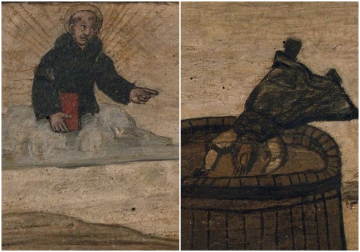 Слева на право: Николай из Толентино парит в облаках. Девушка, упавшая в чан с вином.