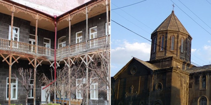 Галерея сестер Асламазян (слева), церковь Цурб Ншан (справа).