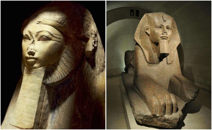 Египетским сфинксам часто доставалось лицо фараона, например, Хатшепсут (слева) или Рамзеса (справа)