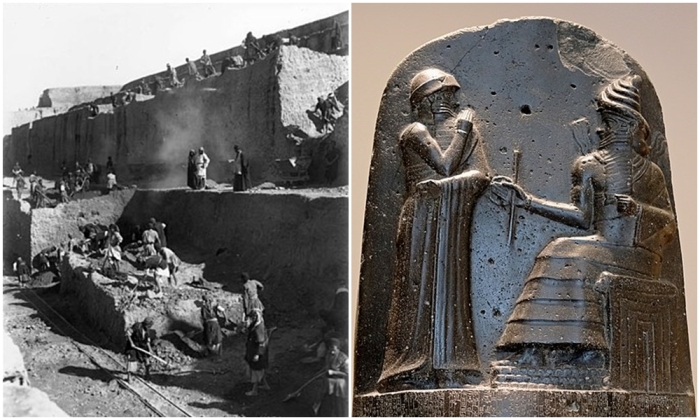 Слева направо: Раскопки акрополя в 1897-1898 годах, за четыре года до того, как на этом месте был найден Кодекс. Кодекс Хаммурапи.