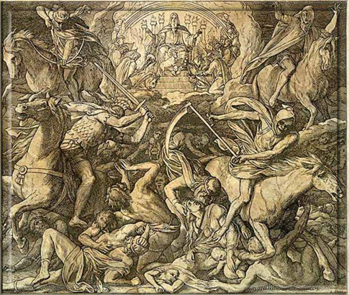 Иллюстрация под названием «Тронный зал и четыре всадника Апокалипсиса» Юлиуса Шнорра фон Карольсфельда. 