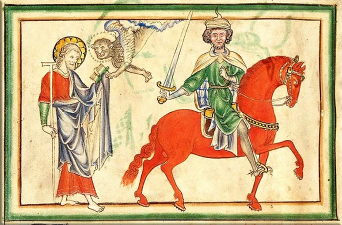 Всадник на красном коне. Миниатюра 13 века.