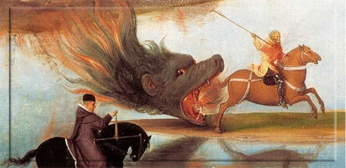 Фрагмент картины Ганса Мемлинга, где изображён всадник на бледном коне и за ним следует Ад.