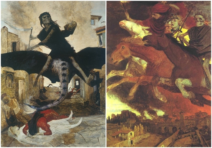 Слева направо: Чума, Арнольд Бёклин, 1898 год. Война, Арнольд Бёклин.