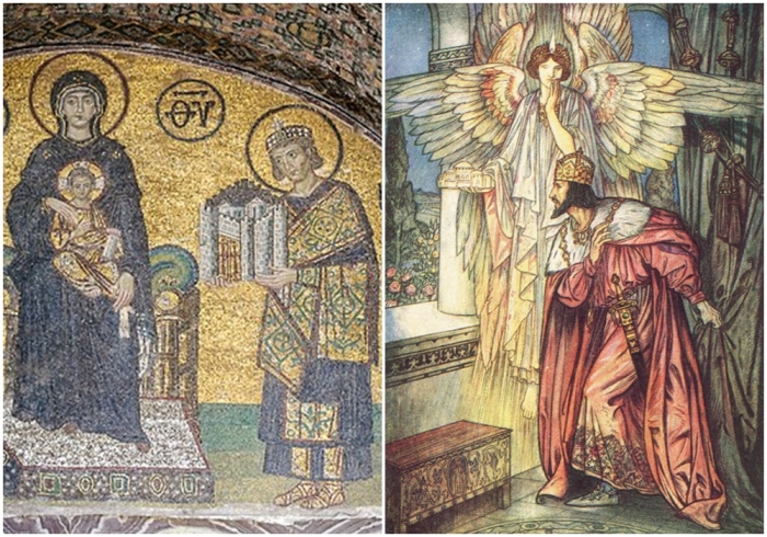 Слева направо: Мозаика собора Святой Софии, изображающая Деву Марию, держащую младенца Христа на коленях, справа от неё стоит Юстиниан. Иллюстрация ангела, показывающего Юстиниану модель собора Святой Софии в видении, Герберт Коул, 1912 год.