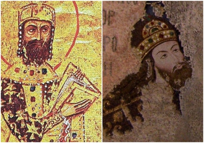 Слева направо: Алексей I Комнин. Сын Алексея — Исаак (фрагмент мозаики в монастыре Хора, Константинополь).