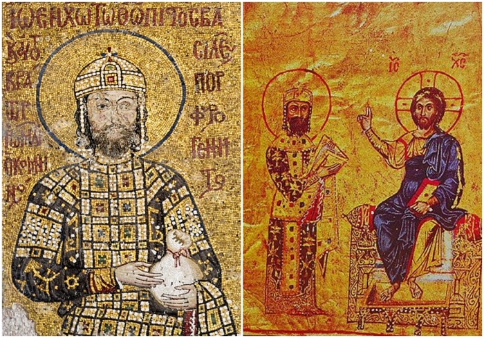 Слева направо: Мозаика с изображением Иоанна II Комнина в Софийском соборе. Император Алексей I Комнин перед Христом (Миниатюра, XIII—XIV век, библиотека Афинского колледжа).
