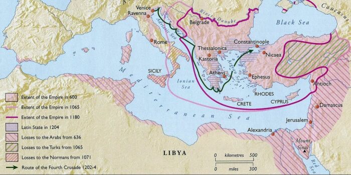 Карта Византийской империи, пурпурная линия показывает наибольший масштаб реставрации Комнинов в 1180 году. Фото: i.ytimg.com.