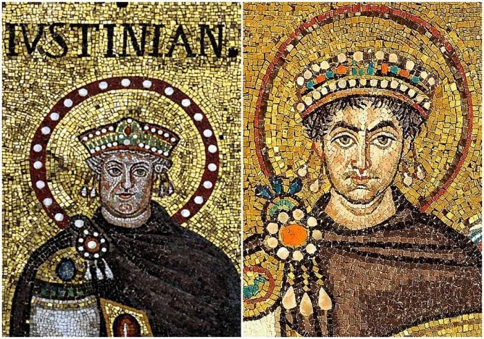 Слева направо: Более старый Юстиниан; мозаика в базилике Сант-Аполлинаре-Нуово, Равенна. Флавий Пётр Савватий Юстиниан.