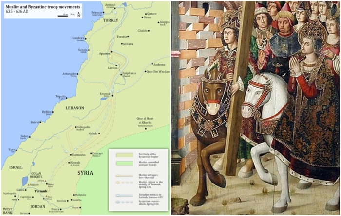 Слева направо: Арабо-византийское передвижение войск с сентября 635 года непосредственно перед битвой при Ярмуке. Ираклий возвращает Истинный Крест в Иерусалим, анахронично сопровождаемый Святой Еленой, пятнадцатый век, Испания.