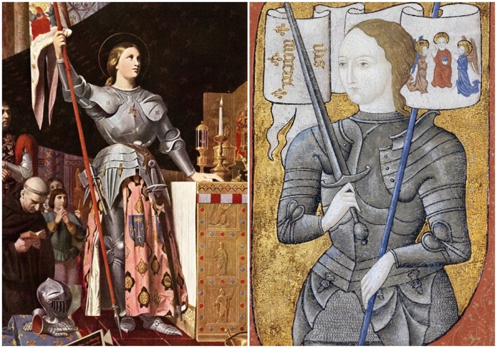 Слева направо: Жанна дАрк, Орлеанская дева — национальная героиня Франции, одна из командующих французскими войсками в Столетней войне. Жанна дАрк, миниатюра второй половины XIX-XX века.