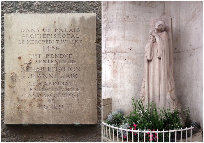 Слева направо: К оправданию Жанны дАрк, памятная доска, Руан. Памятник у места казни Жанны (Максим Реаль дель Сарт, 1928 год).