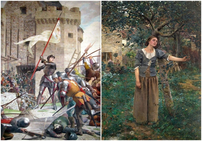 Слева направо: Жанна дАрк при осаде Орлеана, Жюль Эжен Леневё (1819-1898 годы). Жюль Бастьен-Лепаж «Видение Жанны дАрк» (1879 год).