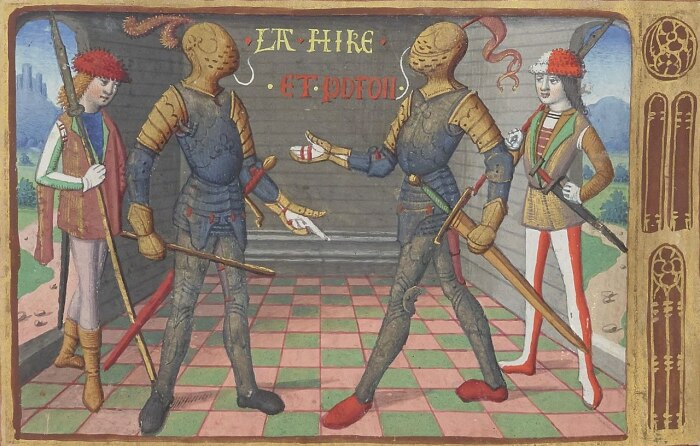 Полководцы Жанны дАрк: Потон де Сентрайль и Ла Гир. Миниатюра из «Вигилий на смерть короля Карла VII», около 1483 года. Фото: wikipedia.org.