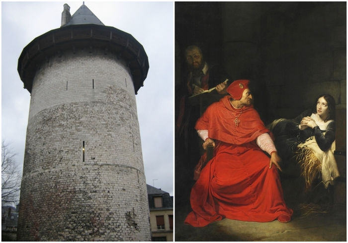 Слева направо: Башня в Руане, где Жанну допросили 9 мая 1431 года. Поль Деларош «Допрос Жанны кардиналом Винчестера» (1824 год).