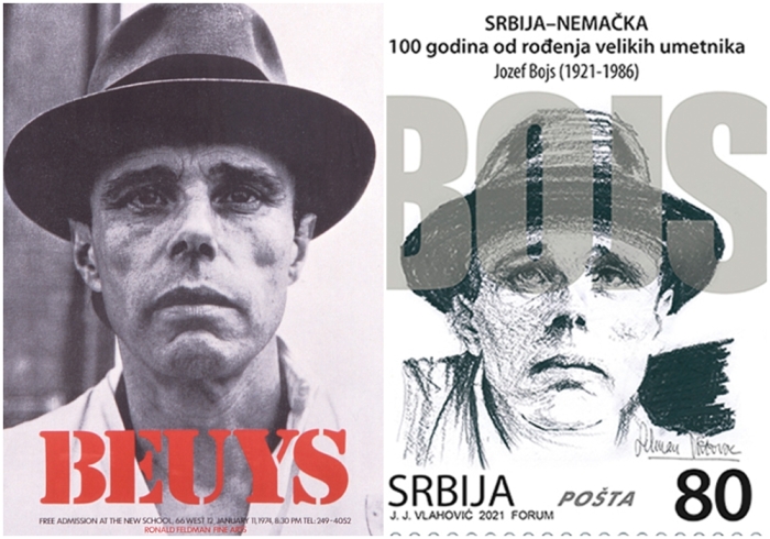 Слева направо: Офсетный плакат к серии лекций Джозефа Бойса Энергетический план для западного человека, 1974 год. Бойс на марке Сербии 2021 года.