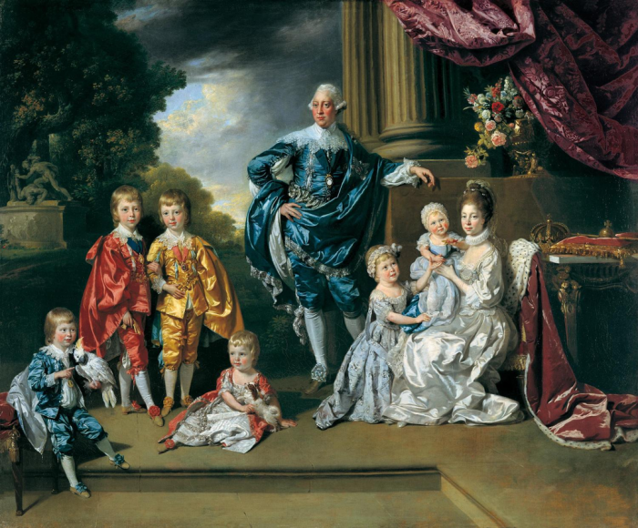 Король Георг III с королевой-консортом Шарлоттой и их шестью старшими детьми, художник Иоганн Цоффани (1770 год). Фото: wikipedia.org.