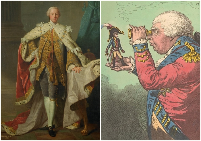 Слева направо: Георг III в коронационных одеяниях. Георг III — «король Бробдингнега» смотрит в подзорную трубу на Бонапарта-Гулливера, карикатура Джеймса Гилрея (ироническая по отношению к королю), 1803 год.