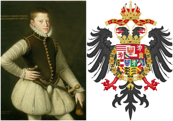 Слева направо: Рудольф II, император Австрии (1552-1612), автор Алонсо Санчес Коэльо, 1567 год. Большой герб Рудольфа II, Матвея и Фердинанда II, императоров Священной Римской империи.