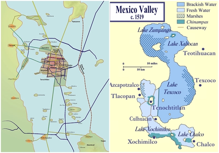 Слева направо: Западная сторона мелководного озера Тескоко. Теночтитлан - это южная часть главного острова (ниже красной линии), северная часть - это Тлателолко. Мексиканская долина во времена испанского завоевания, показывающая расположение Теночтитлана на озере Тескоко.