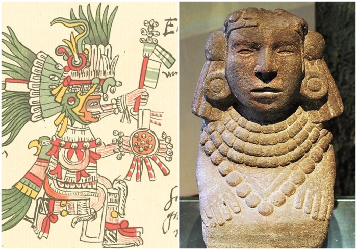 Слева направо: Уицилопочтли. Каменная статуя Тонанцин в Национальном музее интервенций, Мехико