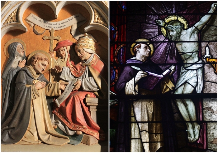 Слева направо: Святой Фома Аквинский и Папа Римский. Икона распятия, говорящего с Фомой Аквинским, изображена на этом витраже в церкви Святого Патрика (Колумбус, Огайо).
