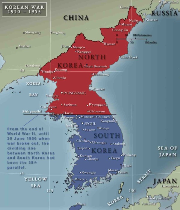 Карта Северной и Южной Кореи, разделённых 38-й параллелью. Фото: wordpress.com.