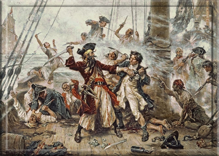 Изображение пленения пирата Чёрной Бороды Жаном Леоном Жеромом Феррисом, 1718 год.