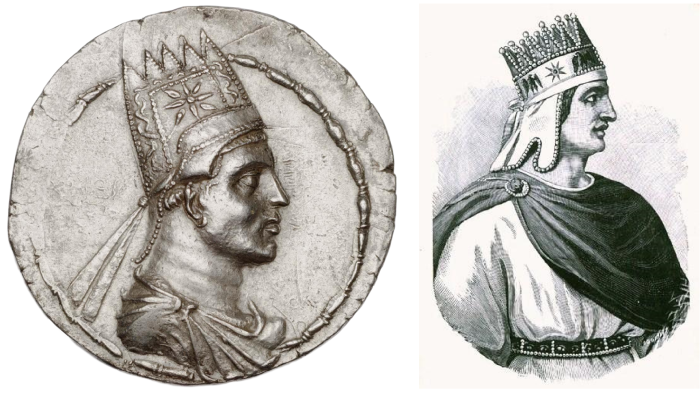 Портрет Тиграна II и изображение Артавазда II на древней монете.