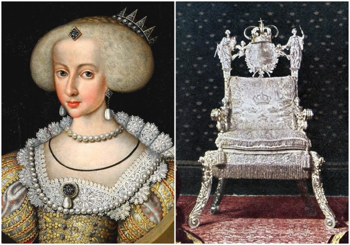Слева направо: Портрет Кристины в молодости. Трон королевы Кристины.