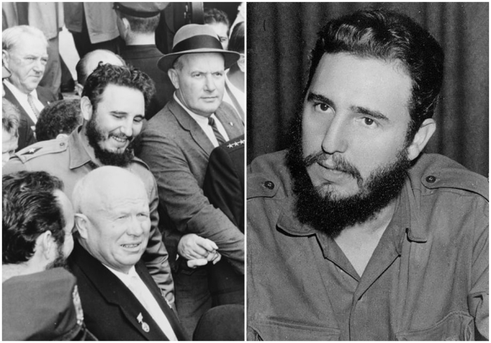 Слева направо: Фидель Кастро (слева в центре) и Никита Хрущев (справа в центре) улыбаются на улице Гарлема, Нью-Йорк, 1960 год. Кубинский политический лидер.