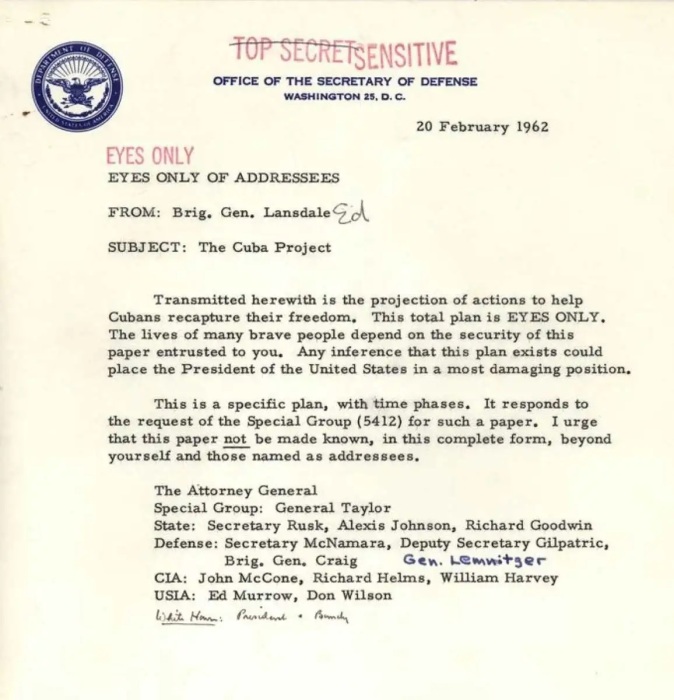 Совершенно секретное обращение генерала Эдварда Лэнсдейла, в котором говорилось о важности конфиденциальности для проекта Куба, 1962 год. Фото: bing.com.