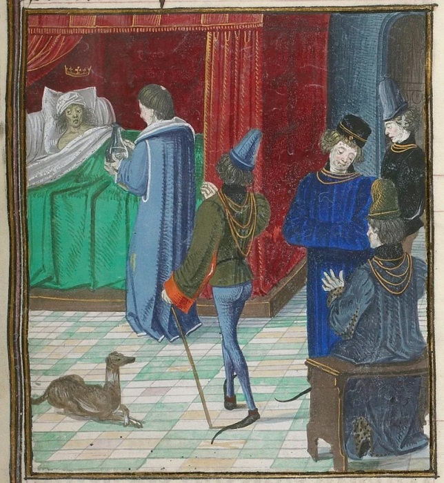 Карл VI, прикованный к постели, и его врач, в хрониках Фруассара, около 1300-х годов. Фото: wordpress.com.