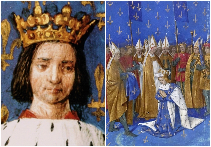 Слева направо: Карл VI в юнности. Коронация Карла VI. Миниатюра из «Больших французских хроник».