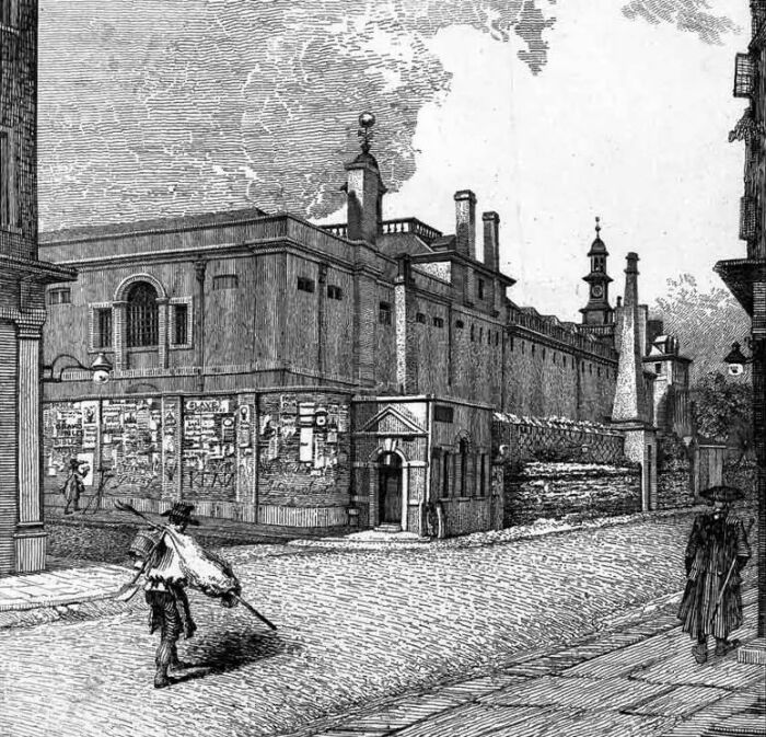 Психиатрическая больница Бетлем (Бедлам), Лондон; вид с юга, с тремя людьми на переднем плане, работа Дж. Т. Смита, 1814 год. Фото: bing.com.